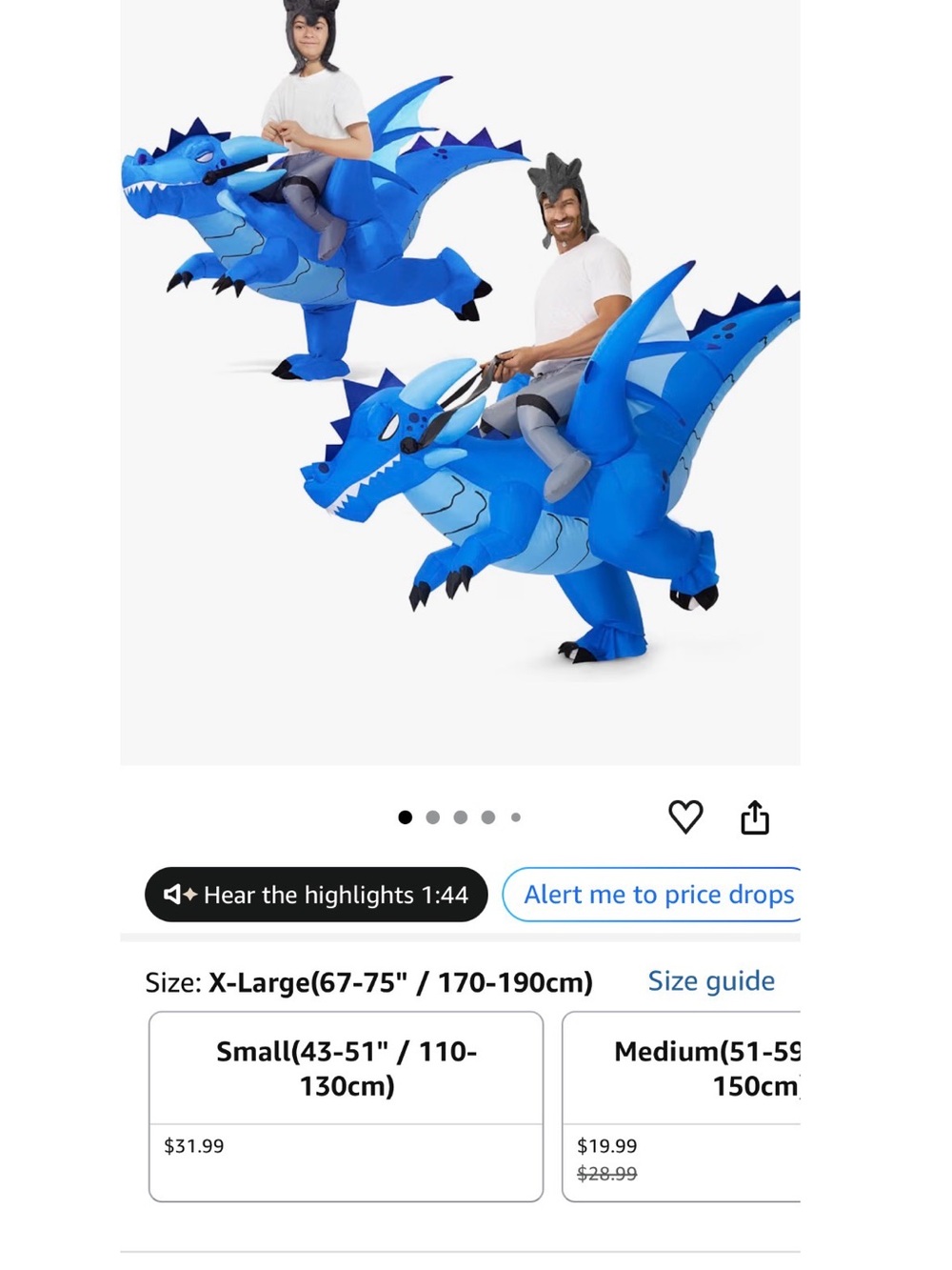 Blow up Ride on dragon costume size XL